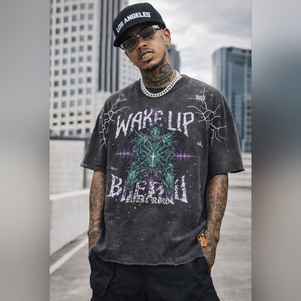 Wake Up Be Fierce First Row Graphic Tee XL Distressed Raw Hem Streetwear Shirt